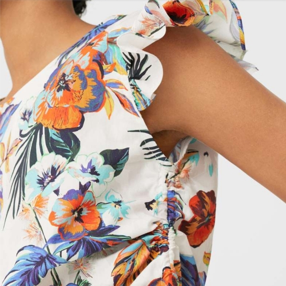 Mango Tropical Print Ruffle Cap Sleeve Cotton Top Ruched Side (Mango 6 = US S) - Picture 5 of 8